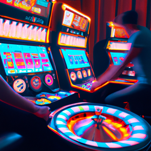 An image showcasing the electrifying world of online gambling, with vibrant neon lights illuminating a sleek virtual casino