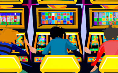 An image featuring a vibrant casino floor filled with rows of glittering, Бесплатные игровые автоматы (free slot machines), flashing lights, and excited players engrossed in the thrilling games
