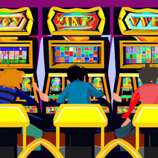 An image featuring a vibrant casino floor filled with rows of glittering, Бесплатные игровые автоматы (free slot machines), flashing lights, and excited players engrossed in the thrilling games