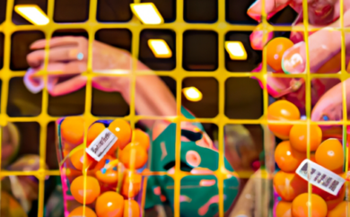 An image that showcases the vibrant atmosphere of a crowded bingo hall, with players eagerly dabbing their cards, colorful balls spinning in a glass container, and the anticipation of winning prizes palpable in the air