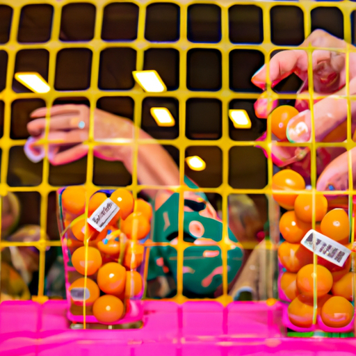 An image that showcases the vibrant atmosphere of a crowded bingo hall, with players eagerly dabbing their cards, colorful balls spinning in a glass container, and the anticipation of winning prizes palpable in the air