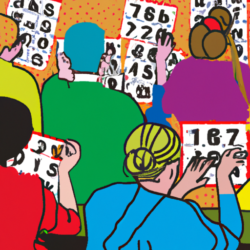 An image capturing the vibrant atmosphere of a Бинго game: a large hall filled with excited players, colorful daubers marking numbers on their cards, a charismatic caller, and a sea of anticipation