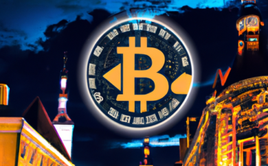 An image showcasing the vibrant nightlife of Estonia, with a backdrop of iconic landmarks like Tallinn's Old Town, while subtly featuring Bitcoin symbols integrated into the city's atmosphere