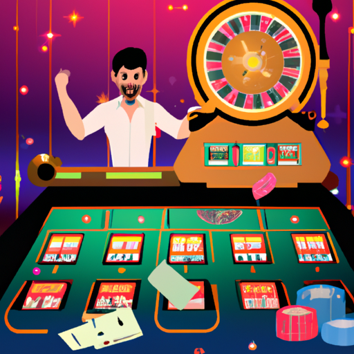 An image showcasing a vibrant casino setting, with a gambler excitedly placing their first deposit, surrounded by colorful slot machines, a sleek roulette table, and flashing lights illuminating the room