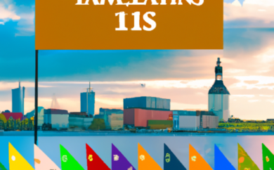 An image showcasing a vibrant Estonian landscape with the iconic Tallinn skyline, adorned with colorful flags of various bookmakers