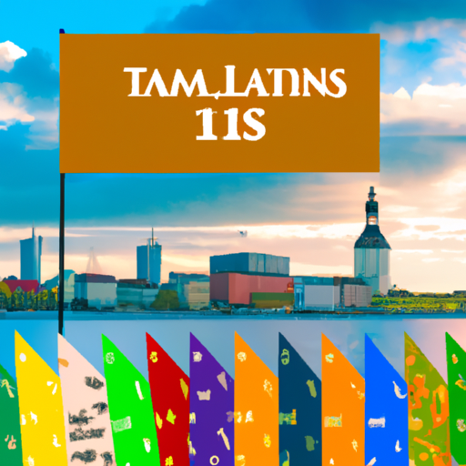 An image showcasing a vibrant Estonian landscape with the iconic Tallinn skyline, adorned with colorful flags of various bookmakers