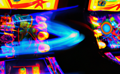 An image capturing the electrifying thrill of Джекпот игровые автоматы, featuring vibrant flashing lights, spinning reels adorned with dazzling symbols, and ecstatic players celebrating their big wins