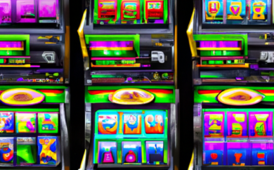An image showcasing a vibrant casino floor filled with rows of dazzling slot machines, their colorful screens flickering and buttons glowing, inviting players to try their luck in the world of Игровые автоматы