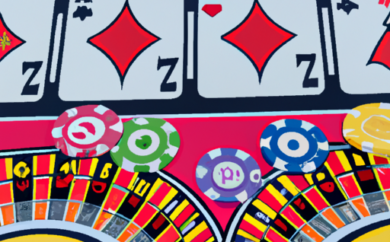 An image featuring a vibrant casino floor with rows of slot machines adorned with playing card symbols