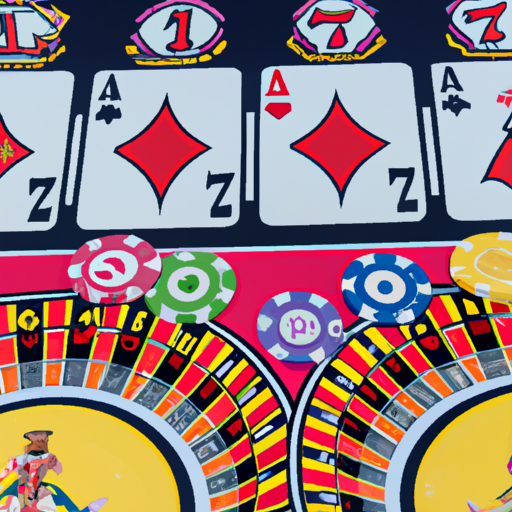 An image featuring a vibrant casino floor with rows of slot machines adorned with playing card symbols