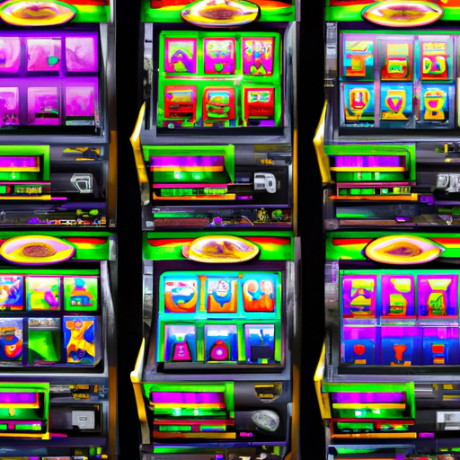 An image showcasing a vibrant casino floor filled with rows of dazzling slot machines, their colorful screens flickering and buttons glowing, inviting players to try their luck in the world of Игровые автоматы