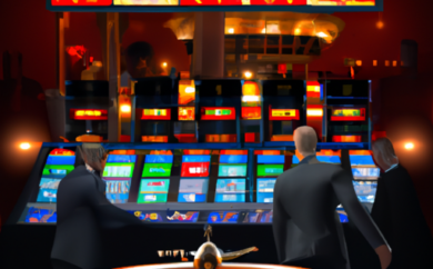 An image featuring a bustling casino in Estonia, with vibrant slot machines flashing colorful lights, elegantly dressed players engrossed in intense card games, and a croupier skillfully spinning the roulette wheel