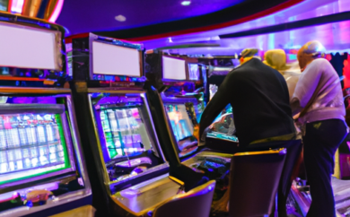 An image showcasing the vibrant atmosphere of a modern casino in Estonia, with people joyfully exchanging money through secure bank transfers, surrounded by sleek slot machines, elegant card tables, and dazzling lights