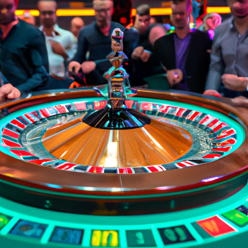 An image showcasing a vibrant Estonian casino with a diverse crowd of enthusiastic gamblers, immersed in an atmosphere filled with flashing lights, spinning roulette wheels, and clinking chips, highlighting the casino's low minimum bets