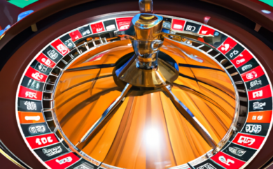 An image of a lively casino in Estonia, showcasing the vibrant atmosphere with flashing lights, a roulette wheel spinning, players cheering, and Interac logos visible on various machines and tables