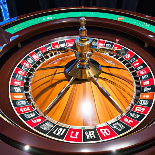An image of a lively casino in Estonia, showcasing the vibrant atmosphere with flashing lights, a roulette wheel spinning, players cheering, and Interac logos visible on various machines and tables