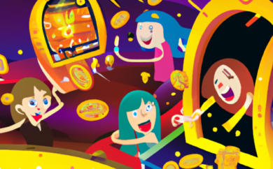 An image showcasing a vibrant online slot machine with dazzling graphics, surrounded by a crowd of enthusiastic players, as sparkling coins cascade down from above, immersing the scene in an atmosphere of excitement and anticipation
