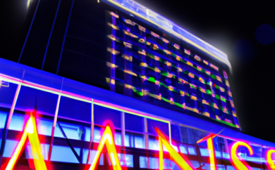 An image showcasing the vibrant Estonian nightscape with the iconic Casinodays building illuminated in neon lights, capturing the excitement and allure of this popular casino