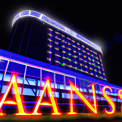 An image showcasing the vibrant Estonian nightscape with the iconic Casinodays building illuminated in neon lights, capturing the excitement and allure of this popular casino