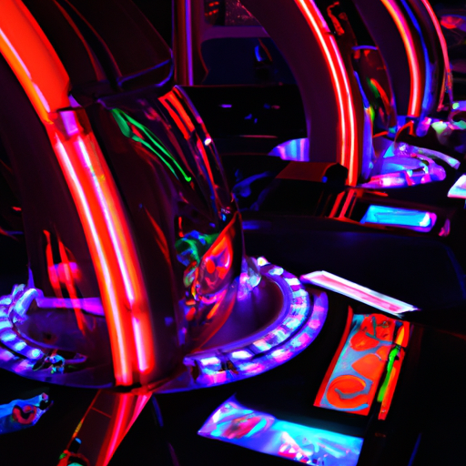 An image capturing the vibrant and futuristic atmosphere of Cosmicslot in Estonia: neon lights reflecting off sleek, metallic surfaces, surrounded by state-of-the-art slot machines and a pulsating energy that entices players