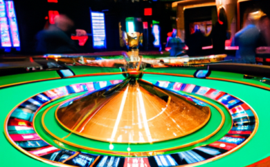 An image showcasing the vibrant atmosphere of Bet365 Casino in Estonia: roulette wheels spinning, poker chips stacked high, and ecstatic players celebrating their wins, immersed in the thrilling world of gambling