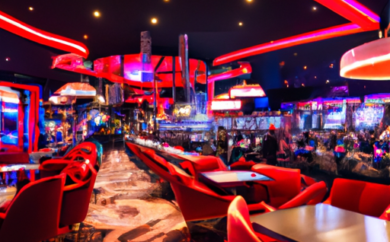 An image showcasing the vibrant atmosphere of Buumi Casino in Estonia: a bustling room filled with enthusiastic players, colorful slot machines, and elegant card tables, surrounded by dazzling lights and a backdrop of sleek décor