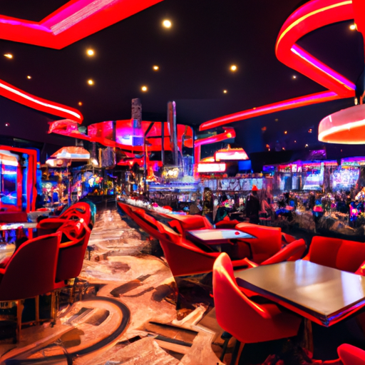 An image showcasing the vibrant atmosphere of Buumi Casino in Estonia: a bustling room filled with enthusiastic players, colorful slot machines, and elegant card tables, surrounded by dazzling lights and a backdrop of sleek décor
