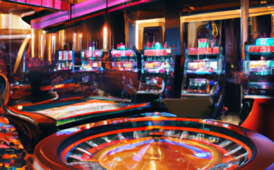 An image showcasing the vibrant ambiance of Jalla Casino in Estonia – featuring a bustling gaming floor with flashing slot machines, elegantly dressed patrons, and the dazzling lights of the roulette table