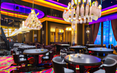 An image showcasing the vibrant and luxurious interior of Kirsikka Casino in Estonia, with glamorous chandeliers, sleek gaming tables, and elegantly dressed patrons immersed in the thrilling atmosphere of the casino