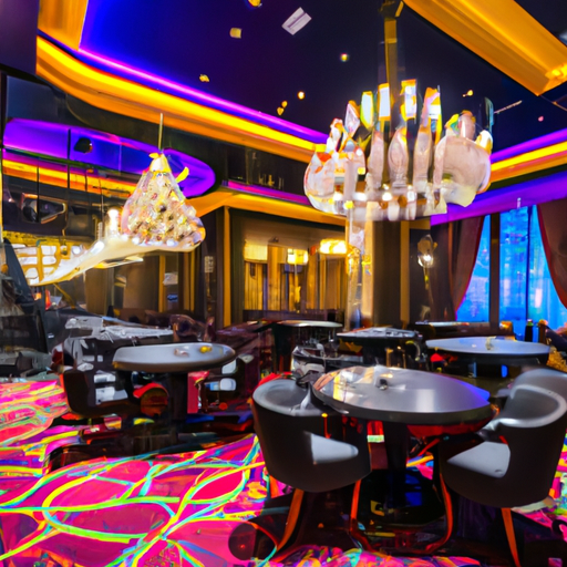 An image showcasing the vibrant and luxurious interior of Kirsikka Casino in Estonia, with glamorous chandeliers, sleek gaming tables, and elegantly dressed patrons immersed in the thrilling atmosphere of the casino