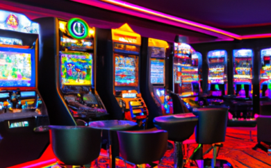 An image showcasing the vibrant interior of Quickslot Casino in Estonia, with sleek modern slot machines, elegantly dressed patrons engrossed in gameplay, and soft ambient lighting casting an alluring atmosphere