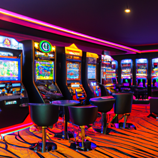 An image showcasing the vibrant interior of Quickslot Casino in Estonia, with sleek modern slot machines, elegantly dressed patrons engrossed in gameplay, and soft ambient lighting casting an alluring atmosphere
