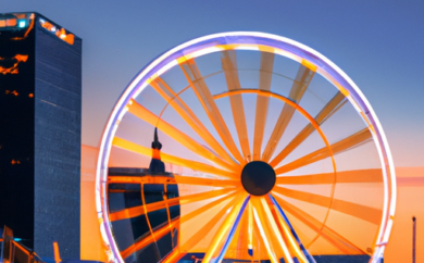 An image showcasing the vibrant skyline of Tallinn, Estonia at dusk, with the iconic Highroller Ferris wheel towering above the city
