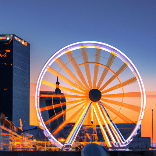 An image showcasing the vibrant skyline of Tallinn, Estonia at dusk, with the iconic Highroller Ferris wheel towering above the city
