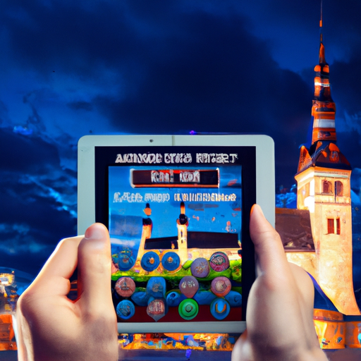 An image capturing the vibrant online gambling experience in Estonia, showcasing the sleek interface of No Account Bet, with players engrossed in thrilling games, surrounded by a backdrop of iconic Estonian landmarks