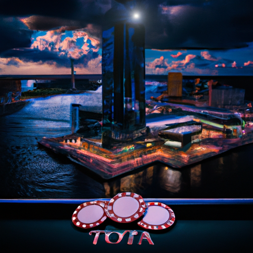 An image showcasing the vibrant and bustling atmosphere of Tonybet in Estonia, capturing the excitement of the casino floor, the sleek design of the poker tables, and the elegant backdrop of the cityscape