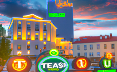 An image showcasing the vibrant and bustling atmosphere of Unibet in Estonia, capturing the excitement of players immersed in various casino games, with colorful slot machines, live dealer tables, and a backdrop of the iconic Estonian architecture