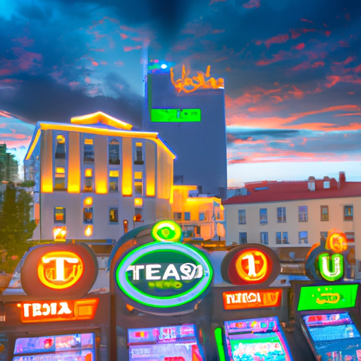 An image showcasing the vibrant and bustling atmosphere of Unibet in Estonia, capturing the excitement of players immersed in various casino games, with colorful slot machines, live dealer tables, and a backdrop of the iconic Estonian architecture