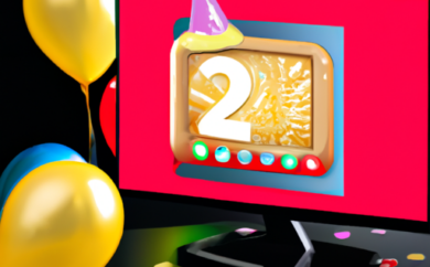 An image featuring a person celebrating their birthday at an Estonian online casino, showcasing a vibrant party atmosphere with balloons, confetti, and a special birthday bonus displayed on the screen