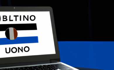 An image showing a laptop screen displaying an online casino homepage with the Boku payment method logo prominent, while an Estonian flag subtly waves in the background, symbolizing online casino options in Estonia