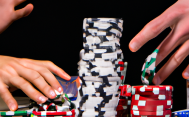 An image capturing the intense excitement of online poker for real money, featuring a group of focused players, surrounded by stacks of chips, as their eyes reflect anticipation and their hands skillfully maneuver the cards