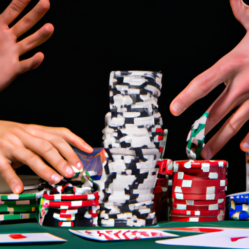 An image capturing the intense excitement of online poker for real money, featuring a group of focused players, surrounded by stacks of chips, as their eyes reflect anticipation and their hands skillfully maneuver the cards