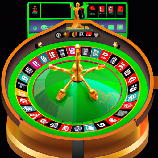An image showcasing the thrilling world of Онлайн рулетка: a sleek virtual roulette table with a vivid green surface, dazzling golden numbers, and a spinning wheel, surrounded by eager players anticipating their fate