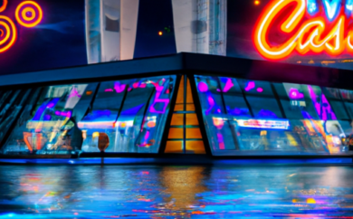 An image featuring a dazzling virtual casino landscape in Estonia, showcasing vibrant neon lights, sleek slot machines, and excited players celebrating their bonus rewards