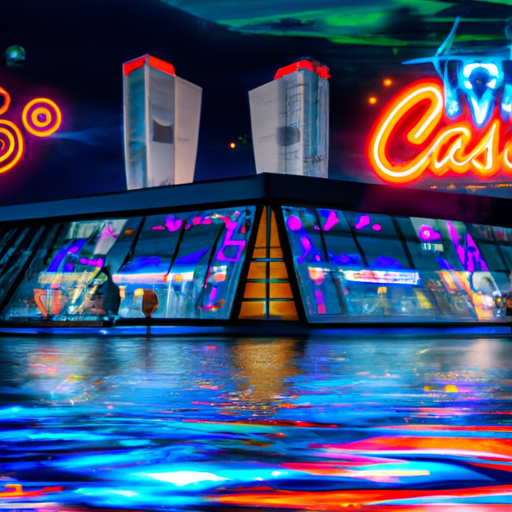 An image featuring a dazzling virtual casino landscape in Estonia, showcasing vibrant neon lights, sleek slot machines, and excited players celebrating their bonus rewards