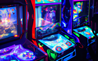 An image capturing the vibrant essence of game suppliers: a mesmerizing array of cutting-edge gaming machines, adorned with colorful graphics and flashing lights, beckoning players with their irresistible allure