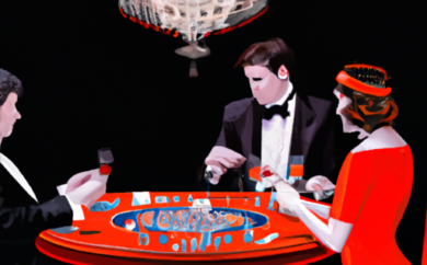 An image showcasing a vibrant baccarat table, adorned with opulent red velvet, glistening crystal chandeliers, and players dressed in elegant attire, engrossed in the captivating game