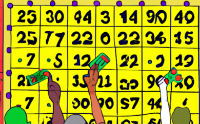 An image showcasing a colorful bingo card filled with numbers and a marked winning pattern, surrounded by a group of excited players eagerly dabbing their daubers onto their cards