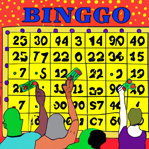 An image showcasing a colorful bingo card filled with numbers and a marked winning pattern, surrounded by a group of excited players eagerly dabbing their daubers onto their cards