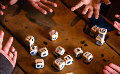 An image showcasing a group of people huddled around a wooden table, eagerly tossing dice onto a worn-out leather surface